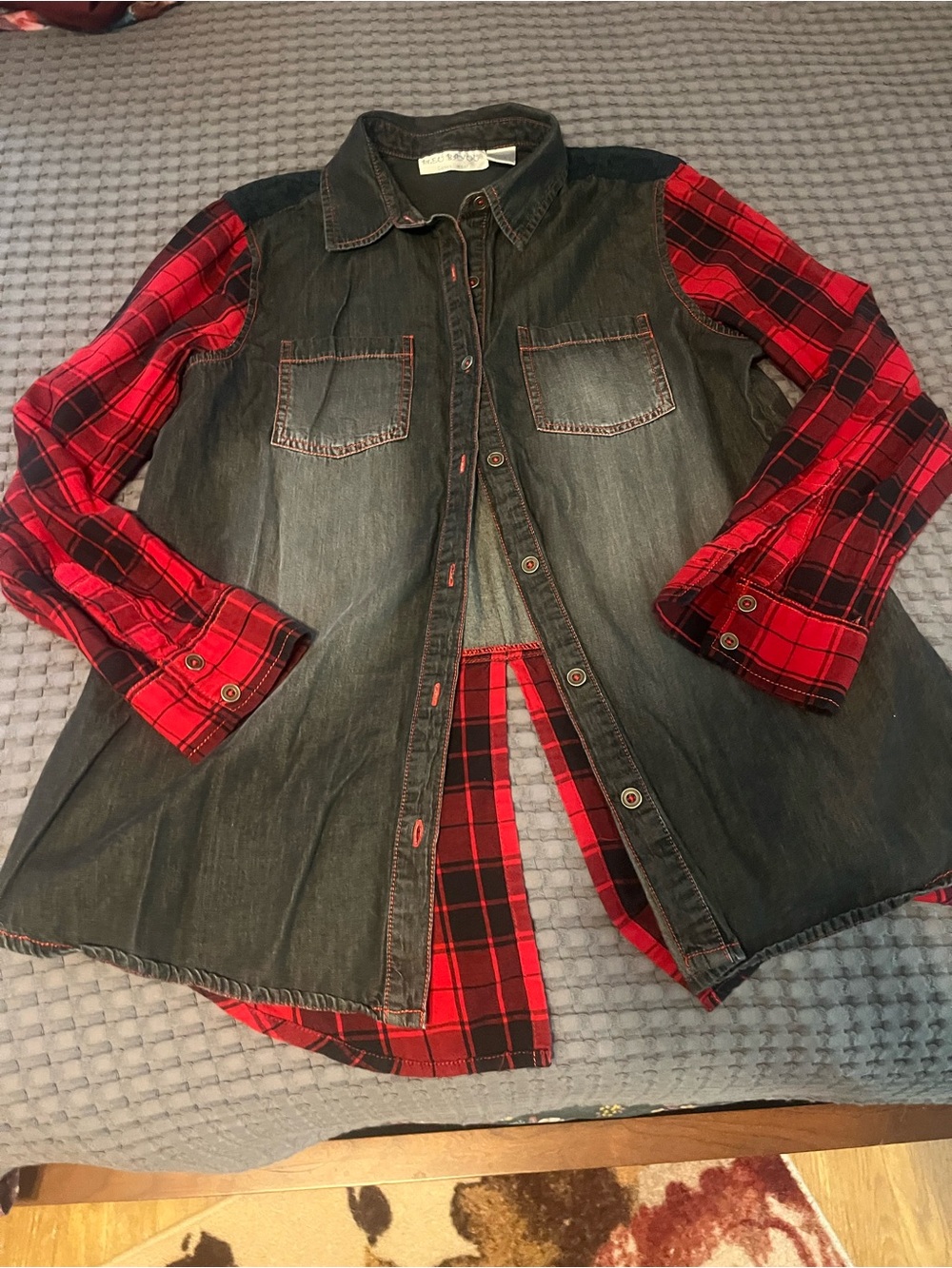Denim & Red Plaid Button-Up Shirt